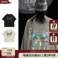 BJHG夏季反光漸層蝴蝶印花短袖T恤男潮牌INS新款寬鬆五分袖上衣女