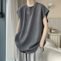 麂皮絨無袖T恤男夏季潮牌寬鬆籃球美式坎肩砍袖運動大尺碼純色背心