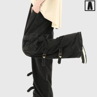 INSstudios 國潮牌情侶美式復古綁帶水洗工裝褲寬鬆直筒休閒長褲