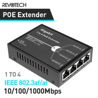 Revotech Gigabit 4 порта 60 Вт PoE удлинитель, 1000 Мбит/с 1 в 4 out PoE + ретранслятор с 3 режимами в наличии