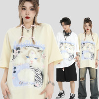 INSstudios 國潮牌情侶美式趣味卡通貓咪印花短袖寬鬆半袖純棉T恤