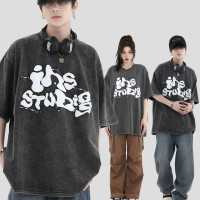 INSstudios 國潮牌情侶美式塗鴉顆粒發泡LOGO短袖水洗做舊純棉T恤