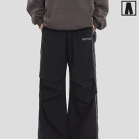 INSstudios 國潮牌情侶美式小LOGO三條槓運動褲寬鬆褶皺休閒長褲