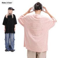 MAKE IT RAIN男士短袖T恤麂皮絨字母壓印男夏季潮牌寬鬆半袖嘻哈