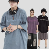 INSstudios 國潮牌情侶美式正反字母刺繡麂皮短袖寬鬆半袖T恤衫男