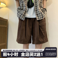 @港仔文藝男 咖色日系復古工裝短褲男夏季潮牌寬鬆直筒休閒五分褲