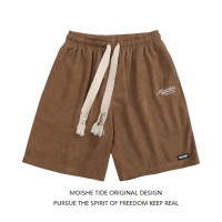 MOISHE TIDE復古字母刺繡燈芯絨休閒短褲男女寬鬆闊腿運動五分褲