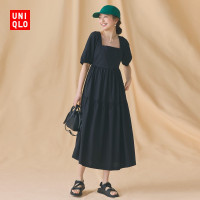 Uniqlo女裝麻混紡燈籠袖抽褶洋裝甜美風裙子長裙23春夏461802