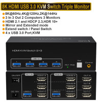 Тройной переключатель Navceker 8K 60 Гц HDMI USB 3,0 KVM 3 монитора 2 компьютера 4K 120 Гц 2x3