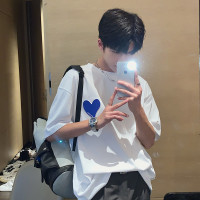 Hualun夏季愛心情侶T恤男韓版寬鬆圓領短袖T恤日系百搭潮ins上衣