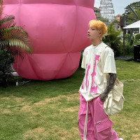 美式復古粉色工裝褲潮牌男款夏日多巴胺穿搭嘻哈hiphop直筒寬褲