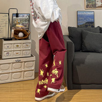 紅色國潮美式hiphop衛褲男重磅星星運動褲子ins高街潮直筒休閒褲