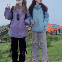 貓仕藍色衝鋒衣外套女款美式戶外三合一情侶裝登山服川西旅遊穿搭