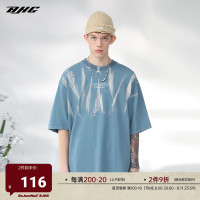 BJHG不計後果夏美式復古藍色紮染短袖男生T恤 國潮牌情侶半袖上衣