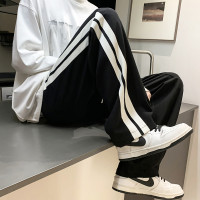 黑色條紋休閒長褲男夏季寬鬆直筒褲子美式潮牌ins大尺碼闊腿運動褲