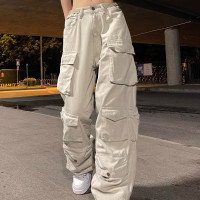歐美復古潮牌純棉休閒長褲男女寬鬆直筒闊腿多口袋高街潮流工裝褲