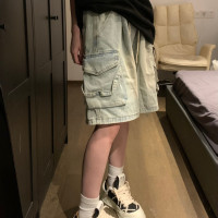 銀蓮YINLIAN 工裝風大口袋水洗做舊復古休閒牛仔寬鬆短褲男女