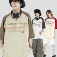 INSstudios 國潮牌情侶美式插肩袖LOGO印花撞色短袖寬鬆半袖T恤男