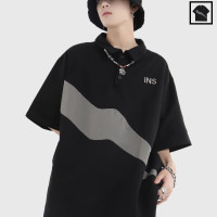 INSstudios 拼接翻領POLO短袖自制國潮情侶復古小logo刺繡純棉T恤