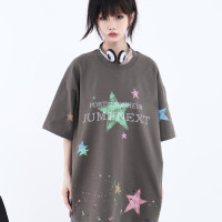 JUMPNEXT 國潮牌夏季星星印花圓領短袖寬鬆純棉設計感小眾情侶T恤