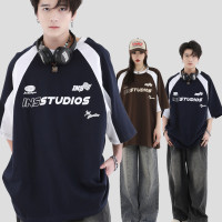 INSstudios 國潮牌情侶美式撞色插肩袖賽車短袖寬鬆拼接純棉T恤男