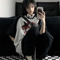 媽個雞媽 ins夏季撞色插肩袖美式印花半袖T恤寬鬆短袖上衣男女潮