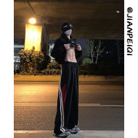 黑紅拼色設計感褲子男款春秋潮牌痞帥炸街闊腿褲高個子加長休閒褲