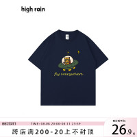 很潤工作室 小貓開飛船可愛夏季短袖T恤男女寬鬆休閒純棉黑色T恤