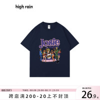 HIGH RAIN原創歐美派對印花短袖男寬鬆復古ins潮流情侶高街T恤女