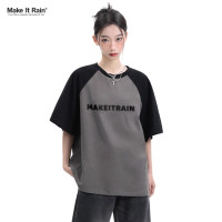 MAKE IT RAIN潮流插肩短袖t恤男女夏季潮ins美式復古純棉寬鬆T恤