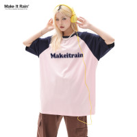 oversize美式日系純棉插肩袖短袖T恤男女寬鬆撞色圓領上衣打底衫