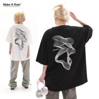 美式復古短袖t恤男款不規則旋轉線條印花夏季潮牌ins寬鬆大尺碼T恤