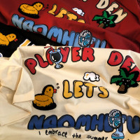 Daiwing 奶寶の遛彎日記 美式毛巾繡卡通半袖夏裝沙灘情侶短袖T恤