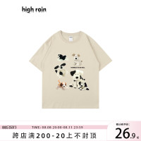 high rain 夏季玩偶狗落肩短袖男女簡約T恤ins風情侶可愛純棉上衣