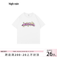 high rain 國潮卡通字母落肩短袖男女白色T恤休閒寬鬆情侶上衣夏