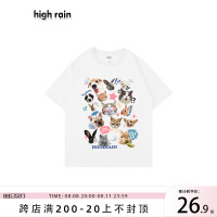 high rain 夏季貓咪狗狗頭像落肩短袖男女卡通可愛ins風情侶上衣