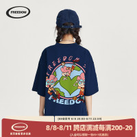 FREEDOM ins可愛小人印花藏青色短袖T恤女2023夏季情侶裝純棉上衣