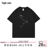 high rain 設計感別針落肩短袖T恤男黑色寬鬆純棉oversize風T恤