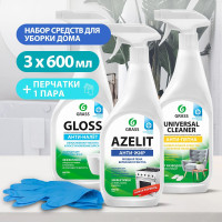 GRASS/ Универсальный набор для уборки Грасс, Антижир Azelit, Universal Cleaner, чистящее средство для ванной комнаты "Gloss" , 3 средства по 600 мл.