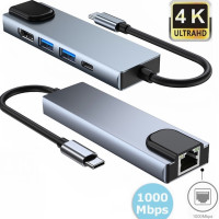 5 в 1 USB C концентратор тип C к 4K HD адаптер с сетью RJ45 1000M Ethernet Lan зарядное устройство Порт адаптер для Macbook Pro