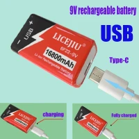 Аккумуляторная батарея 6F22, 16800 мАч, 9 В, Micro USB