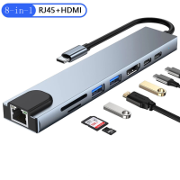 USB-разветвитель 8 в 1, USB Type-C на HDMI, RJ45, PD, 87 Вт