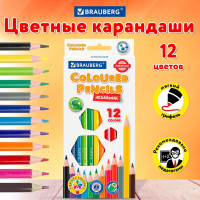 Карандаши цветные Brauberg Premium, 12 цветов, пластиковые, шестигранные, грифель 3 мм