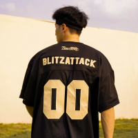 美式復古街頭國潮寬鬆布貼網眼拼接橄欖球夏季運動休閒短袖T恤