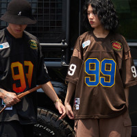 BATTLES美式復古街頭嘻哈潮牌橄欖球衣刺繡印花拼接男女短袖T恤