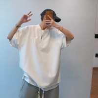 dannyandzee夏季潮牌寬鬆黑白色320g抗起球棒球領半拉鍊短袖T恤男