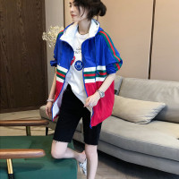 歐洲站2023年新款春夏撞色拼接連帽外套女薄款休閒運動防曬衣開衫