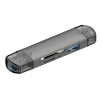 Картридер, размер 8,8х2,4х1,7 см, USB 3,0, Type-C, Micro USB и SD, цвет черный/серый