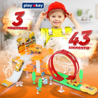 Автотрек парковка для машинок Play Okay Truck, гараж детский с горкой и запуском + дорожные знаки, Конструктор для мальчиков (игровой набор строительной техники Паркинг) / 43 детали