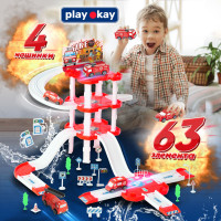 Парковка для машинок многоуровневая Play Okay Parking Fire, гараж детский с горкой и наклейками + дорожные знаки, Конструктор для мальчиков (игровой набор пожарной техники Паркинг) / 63 детали